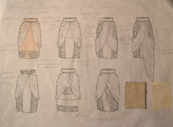 Laser cut Leather and Chiffon draped skirt design development